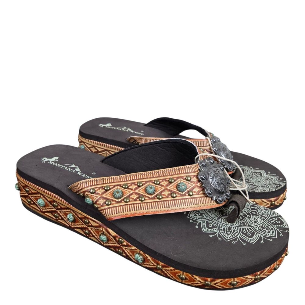 Montana West Foam Platform Wedge Thong Sandals Sz 11 Tan Brown Studded Western